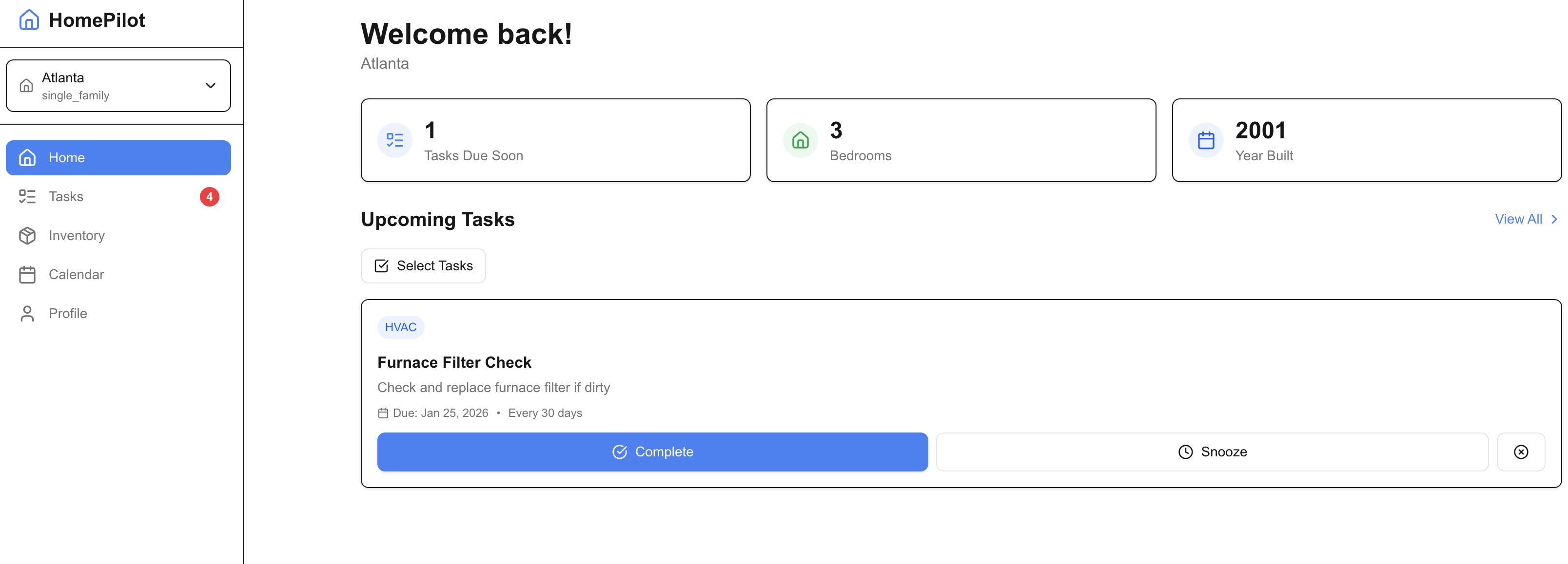 HomePilot Dashboard - showing upcoming tasks, home details, and easy task management